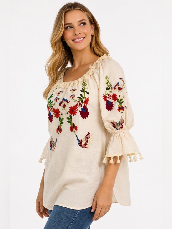 Velzera Tops - Tan Embroidered Floral, Bird Design and Ruffled, Tasseled 3/4 Sleeve Tunic